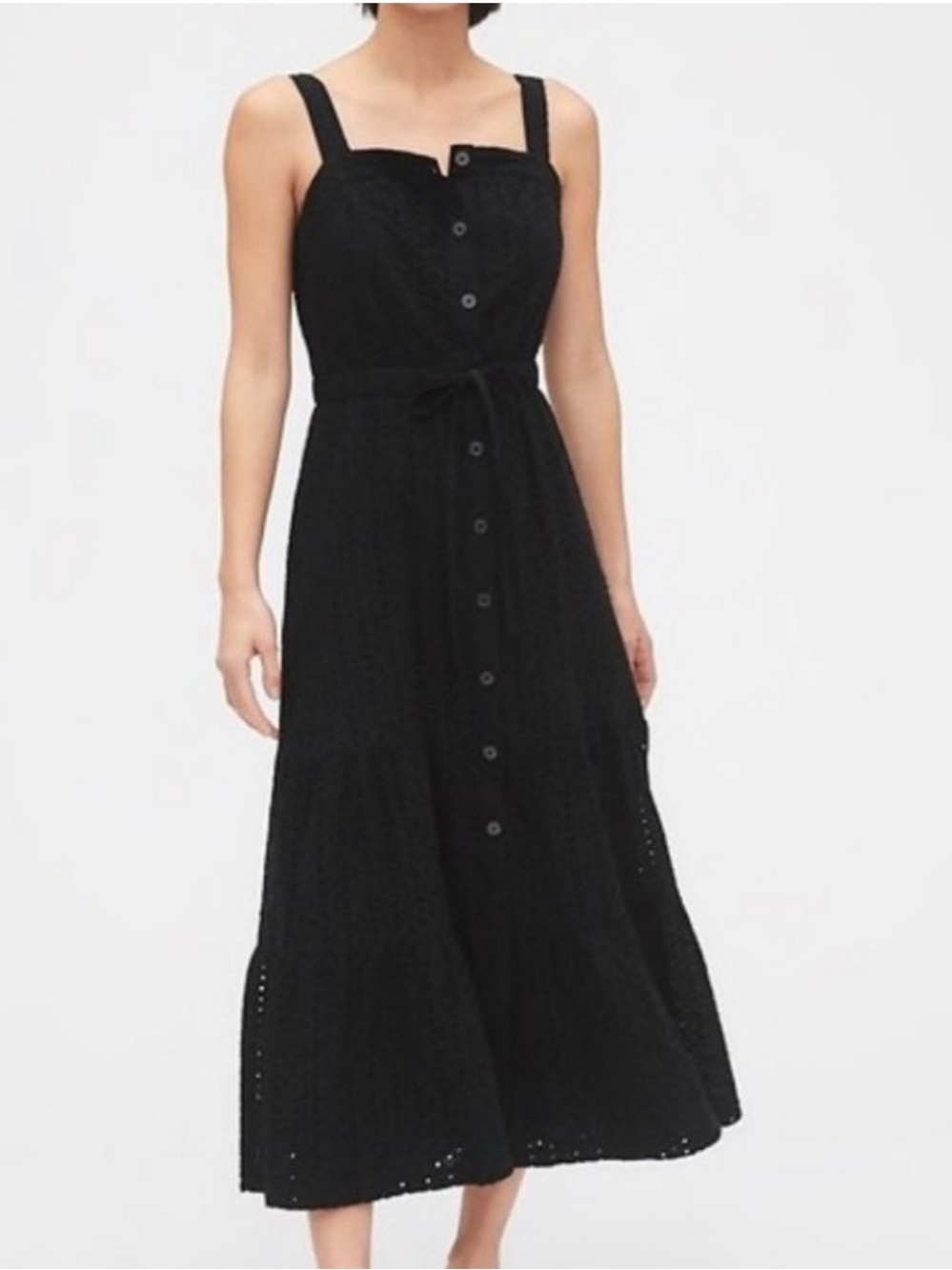 GAP Eyelet Maxi Dress Size 4 Black Apron Sundress Preppy Minimalist Summer